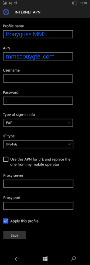 configuration APN Bouygues Microsoft Lumia 535