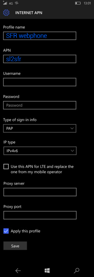 configuration APN SFR Microsoft Lumia 535