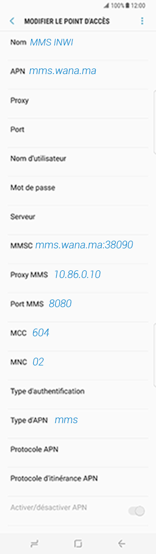 configuration MMS Inwi Alcatel Fierce 4