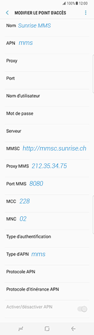 configuration MMS Sunrise LG G5